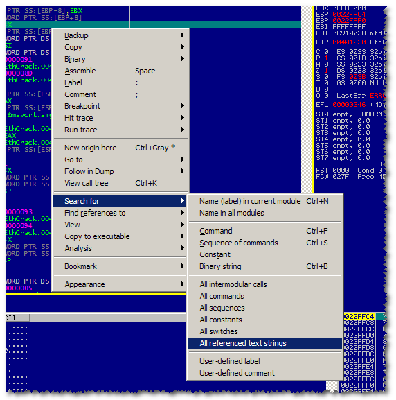 Finding all text strings  in OllyDBG